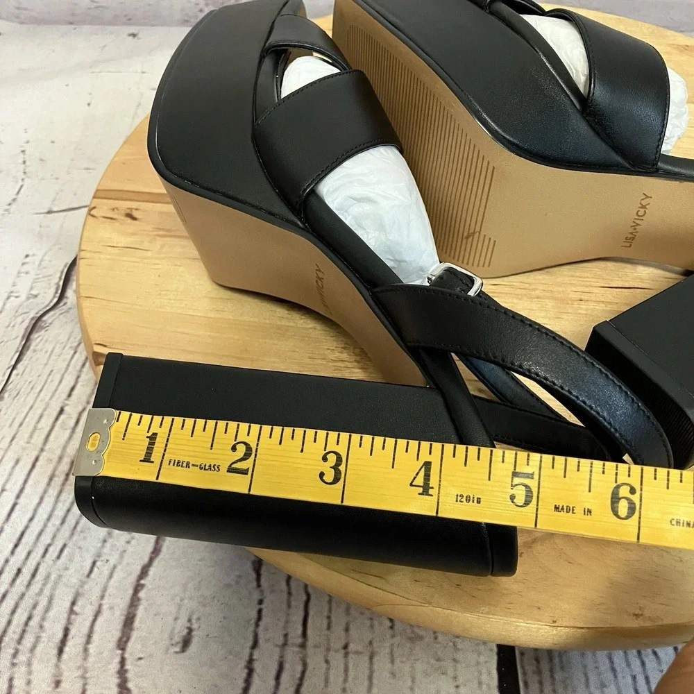 Lisa Vicky Shoes Jazz Black Leather‎ Womens Size 8M Block Heel Open Toe